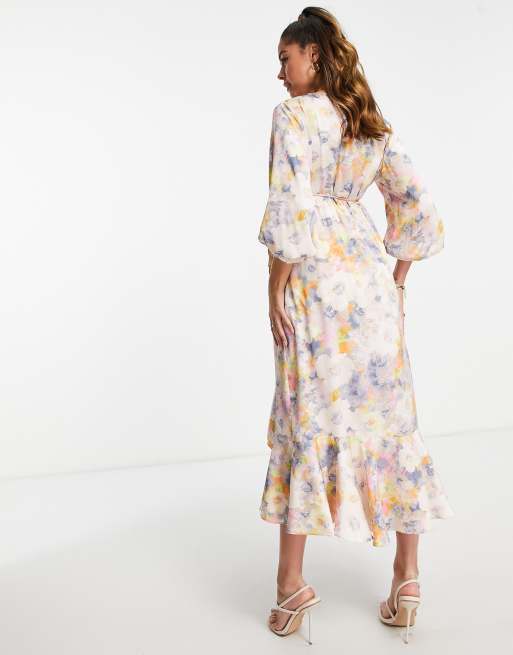 Liquorish Maternity - Robe portefeuille mi-longue de grossesse satinée à manches bouffantes - Pastel doux fleuri, 4 de 4