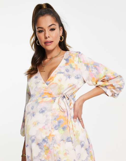 Liquorish Maternity satin wrap midi dress with puff sleeve in soft pastel  floral