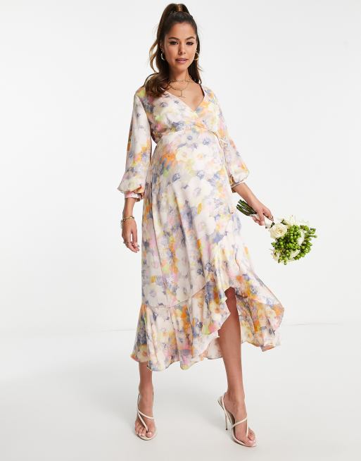 Liquorish Maternity satin wrap midi dress with puff sleeve in soft pastel  floral