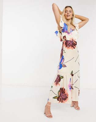 Liquorish maxi dress with frill sleeves in overscale floral print