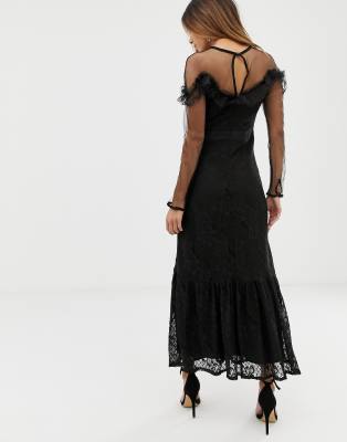 black lace ruffle detail maxi dress