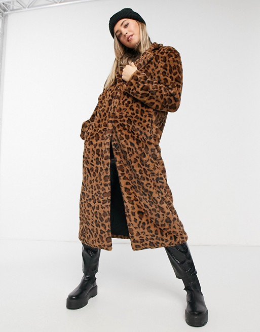 Liquorish maxi straight faux fur coat in animal print