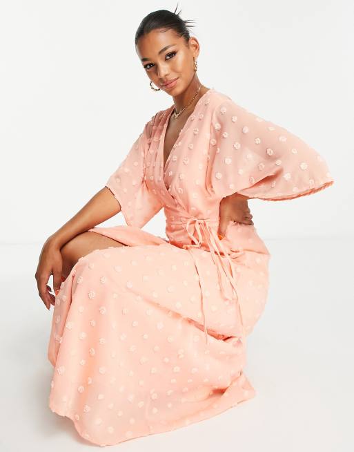 Liquorish maxi wrap dress with kimono sleeves in coral