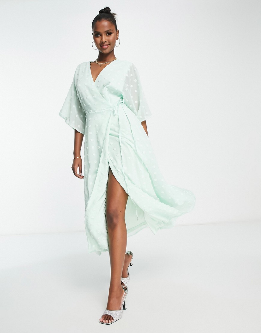 Liquorish maxi wrap dress with kimono sleeves in mint-Green