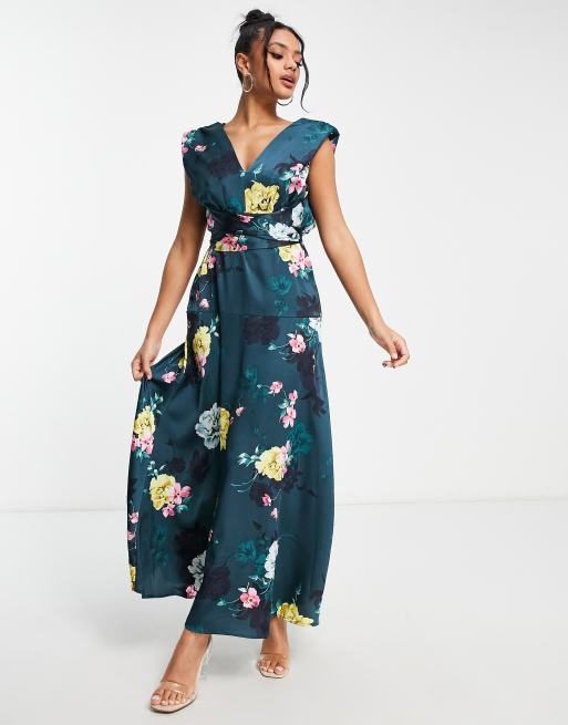 Liquorish – Maxikleid in Blaugrün mit Blumenmuster und tiefem Ausschnitt