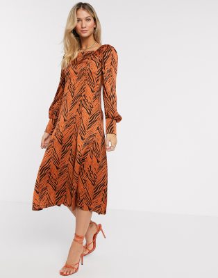 Liquorish Midaxi Dress With Balloon Sleeves In Zebra Printbrown ModeSens