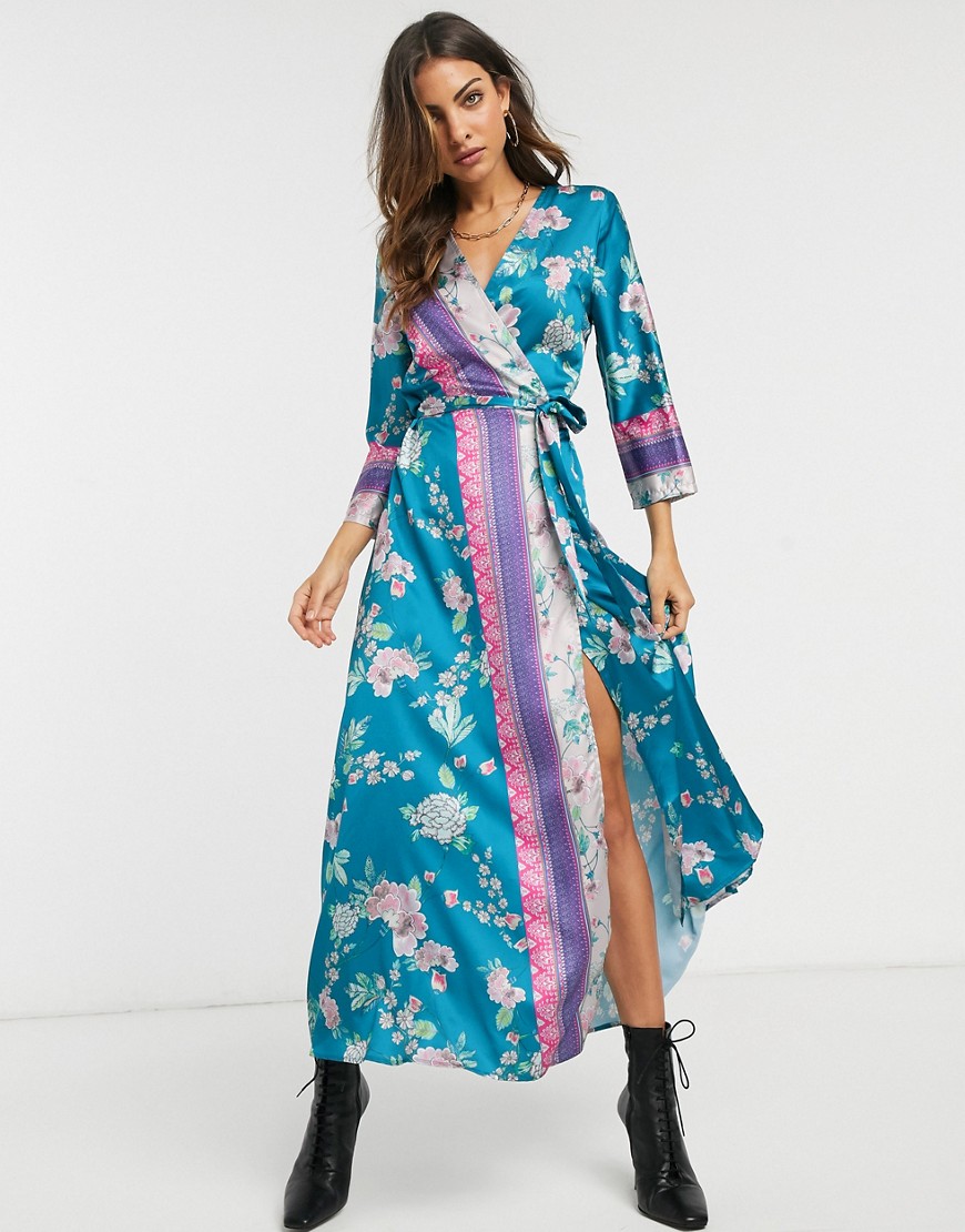 Liquorish midaxi wrap dress in mixed floral and border print-Multi