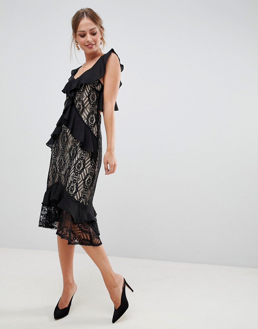 Liquorish midi dress with lace and ruffles-Black