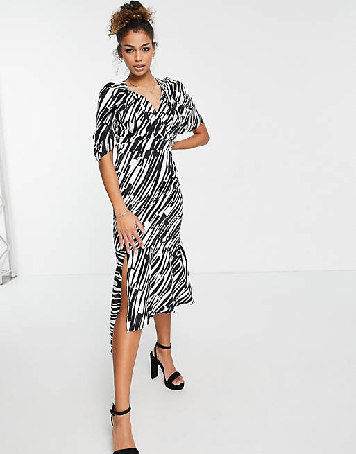 Liquorish midi dress with peplum hem in zebra print