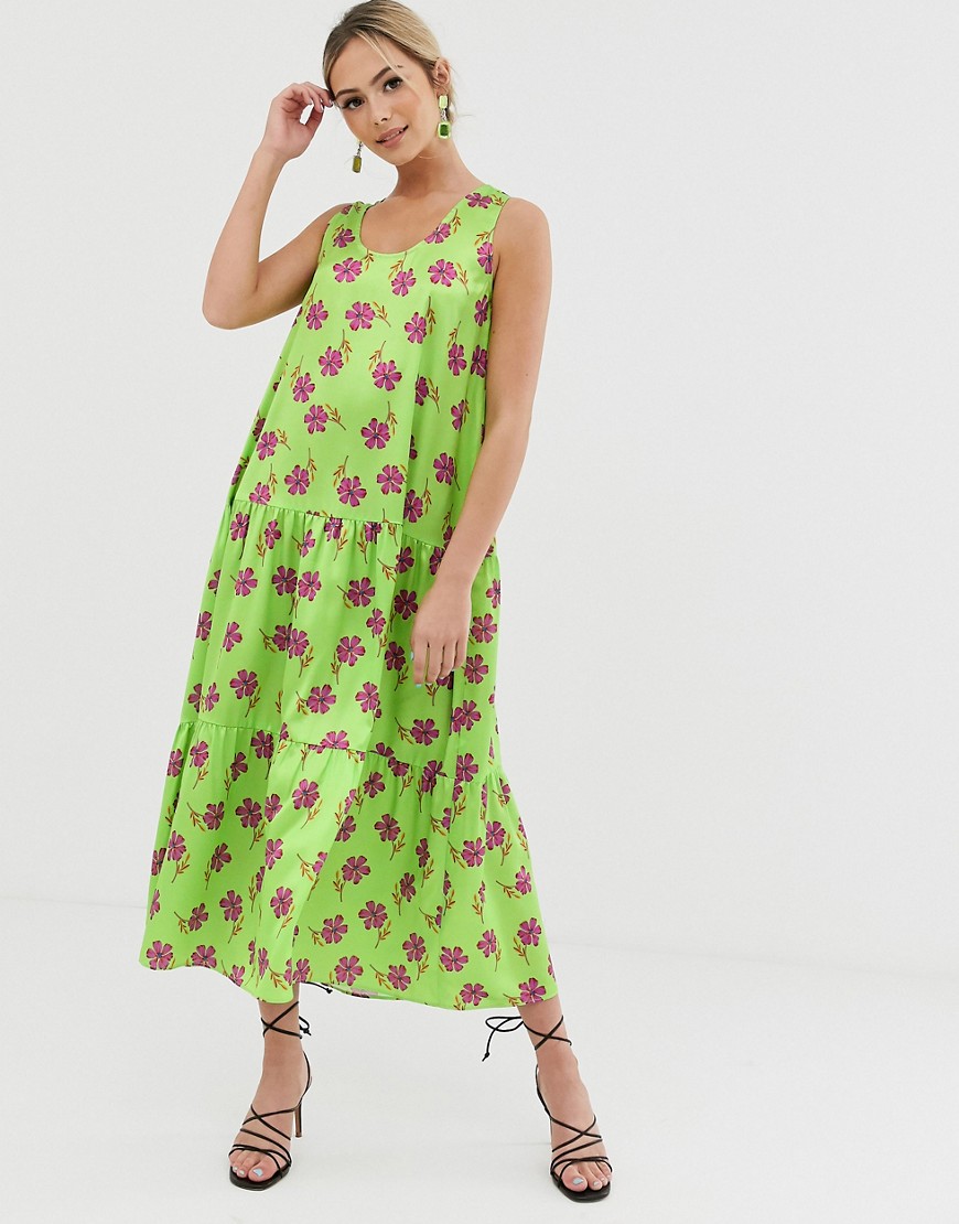 Liquorish - Midi-jurk met A-lijn en groene bloemenprint