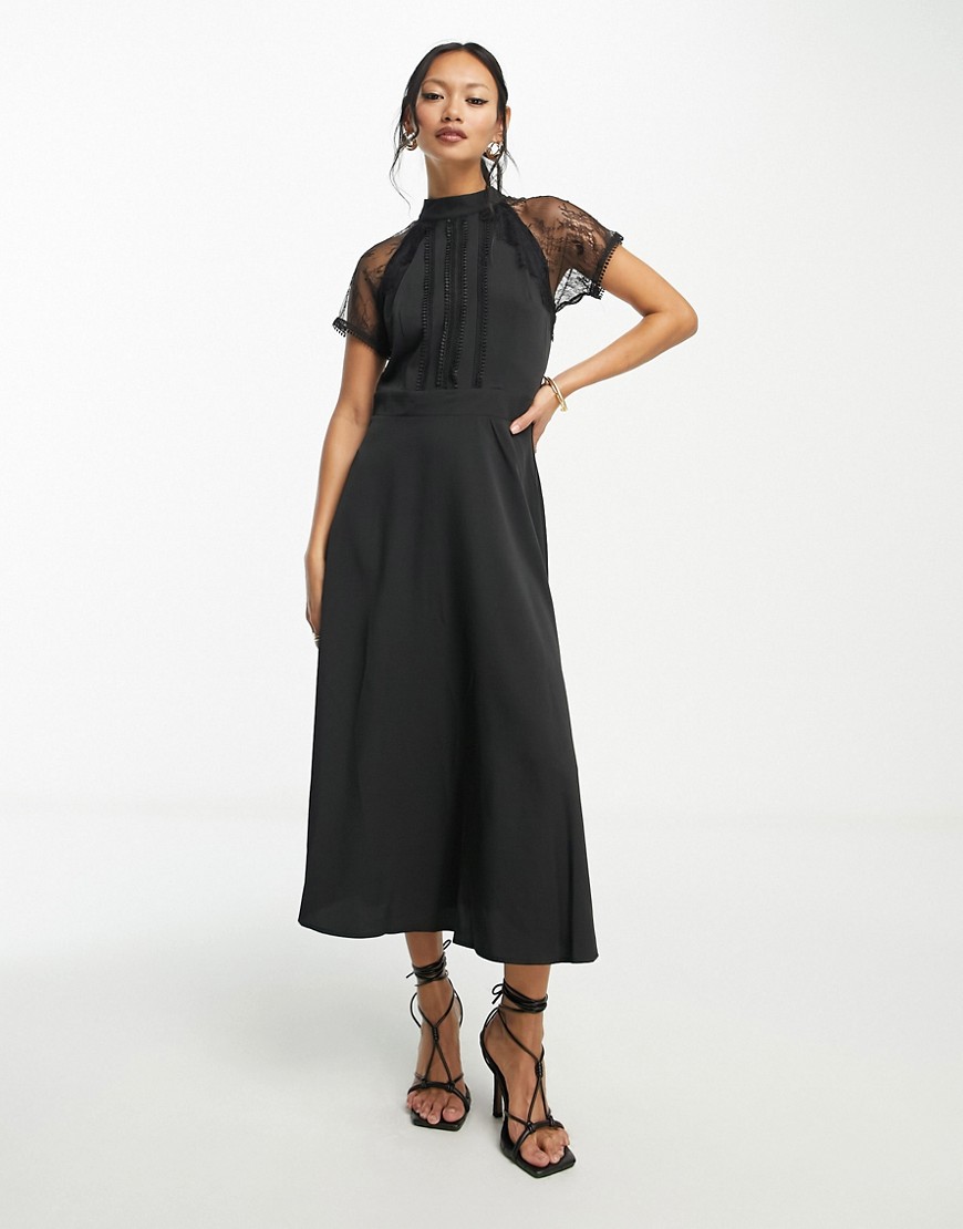 Liquorish - Midi-jurk met A-lijn en kant-Zwart