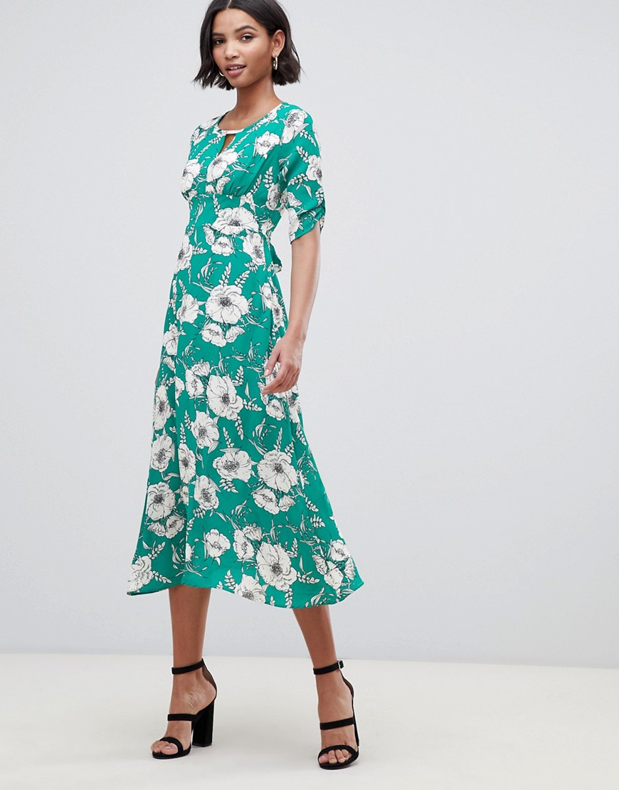 Liquorish - Midi-jurk met A-lijn en keyhole in bloemenprint-Groen