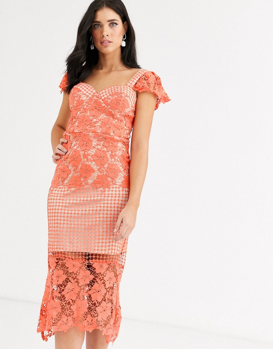 Liquorish - Midi-jurk met kanten inzetstukken in koraalrood-Oranje