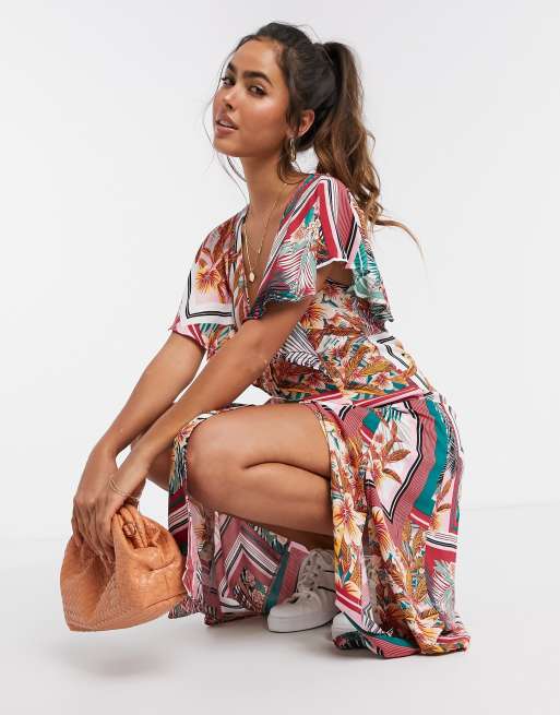 Liquorish - Midi-jurk met korte mouwen en tropische print