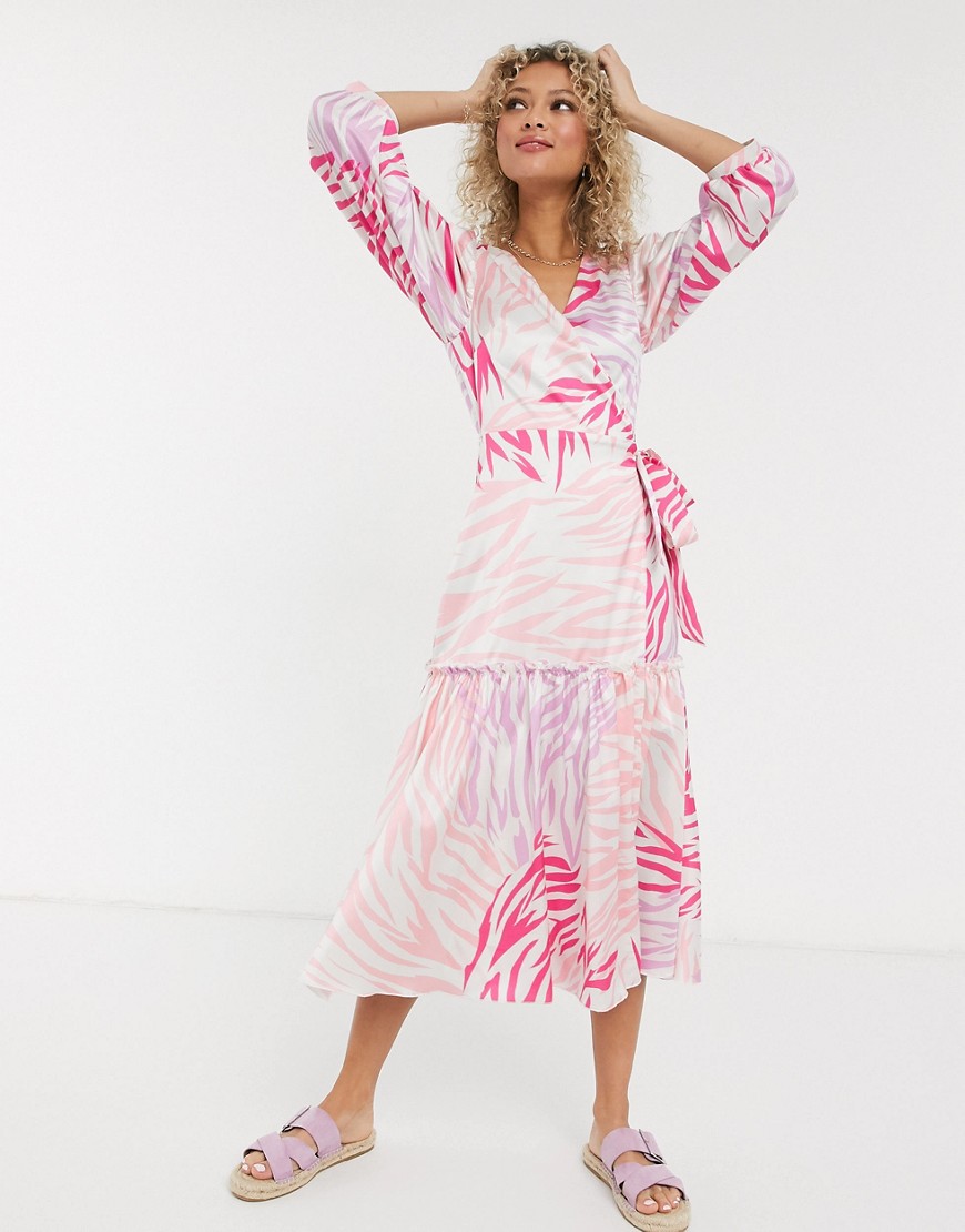 Liquorish - Midi-jurk met overslag en strik in roze en lila dierenprint-Multi