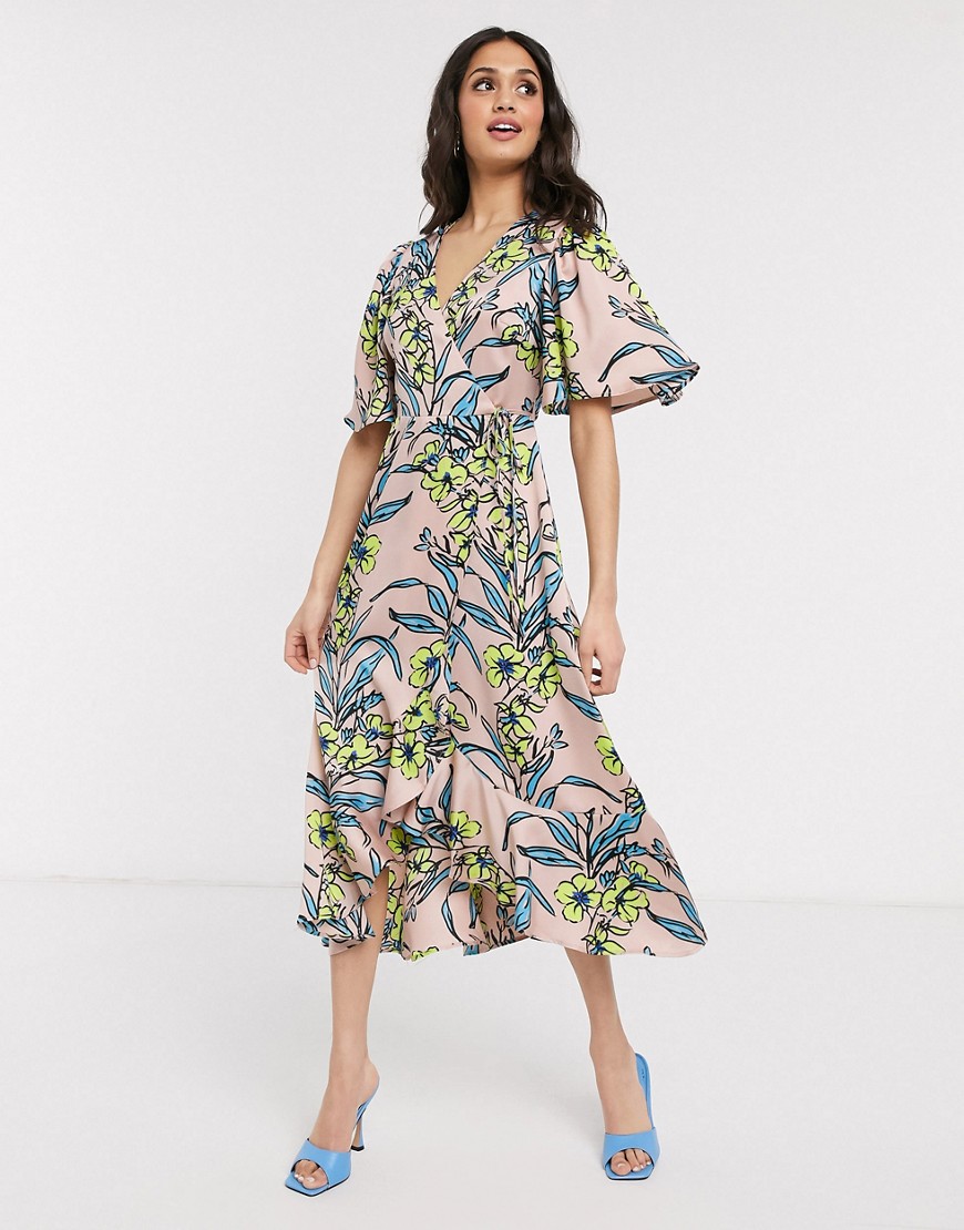 Liquorish - Midi-jurk met overslag, volant en bloemenprint in perzikkleur-Multi