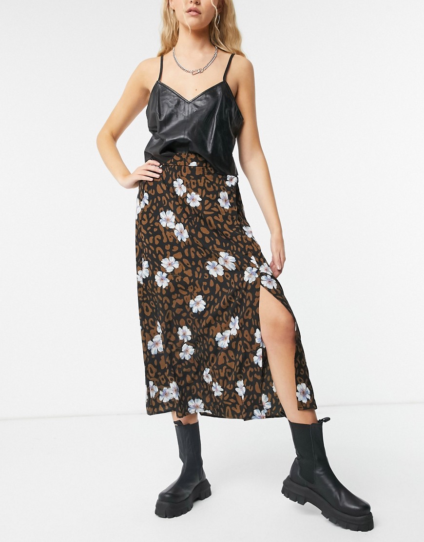 Liquorish midi skirt in brown animal and floral print