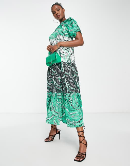 Liquorish - Midi smockjurk met pofmouwen en contrasterende kleuren