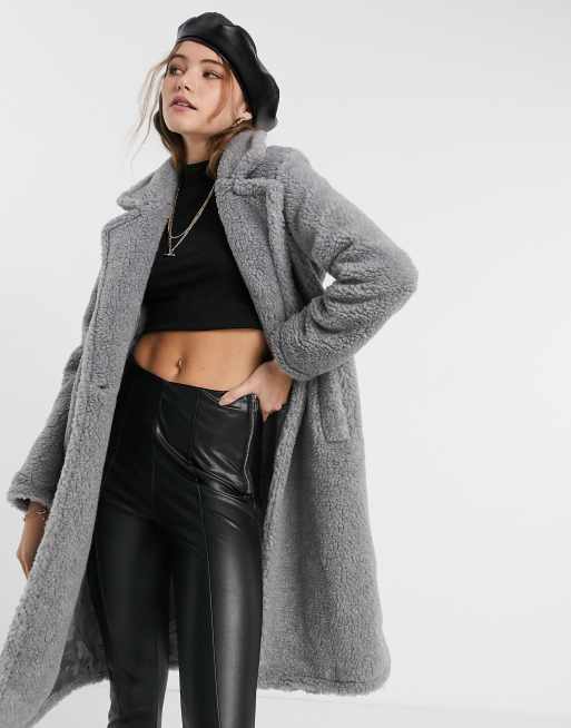 Liquorish midi teddy coat in grey