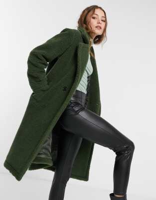 Liquorish Midi Teddy Coat In Khaki-green