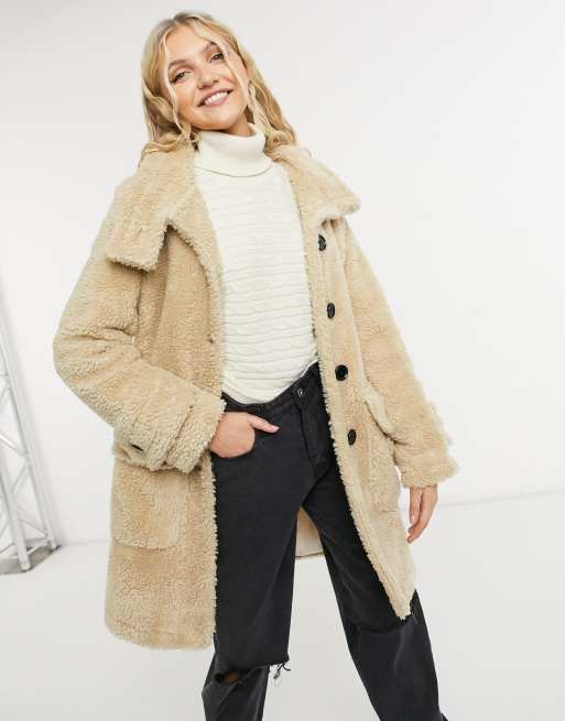 Liquorish midi teddy coat with buttons in beige | ASOS