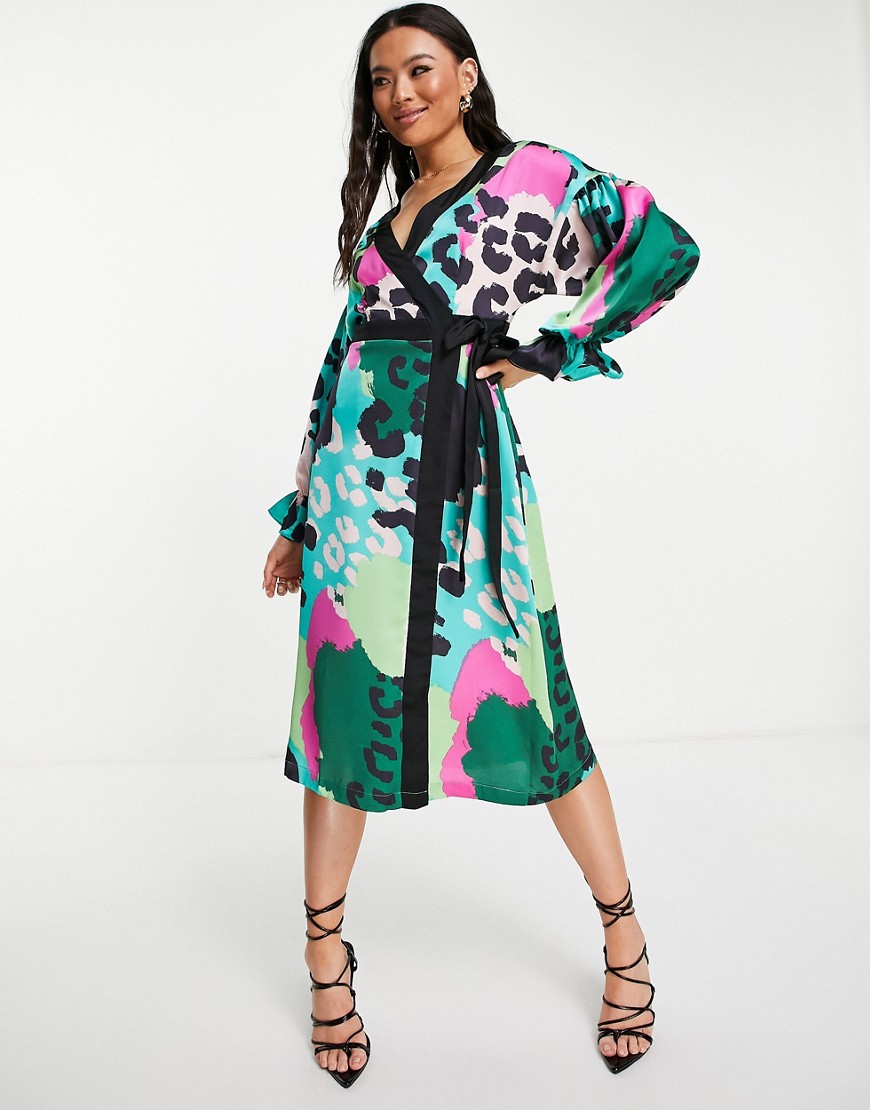 Liquorish - Balloon sleeve midi wrap dress in multicolored animal print -  ASOS NL | StyleSearch