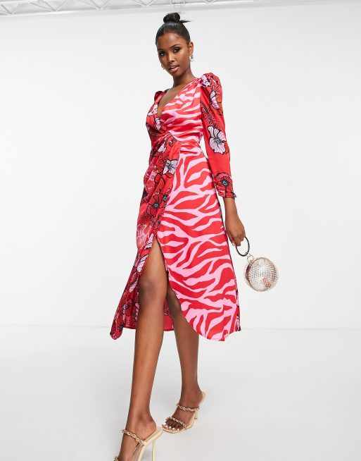 Liquorish midi wrap dress in mixed print in red