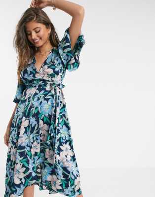 Liquorish Midi Wrap Dress In Navy And Pink Floral-blue | ModeSens