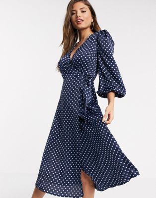 navy blue polka dot wrap dress