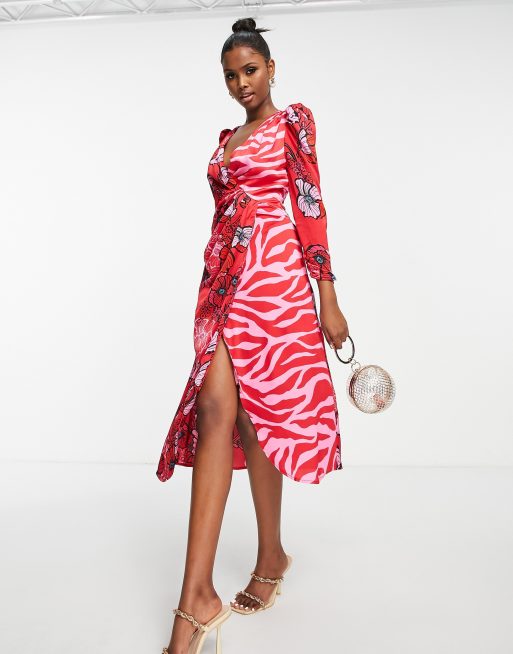 Mixed print store wrap dress