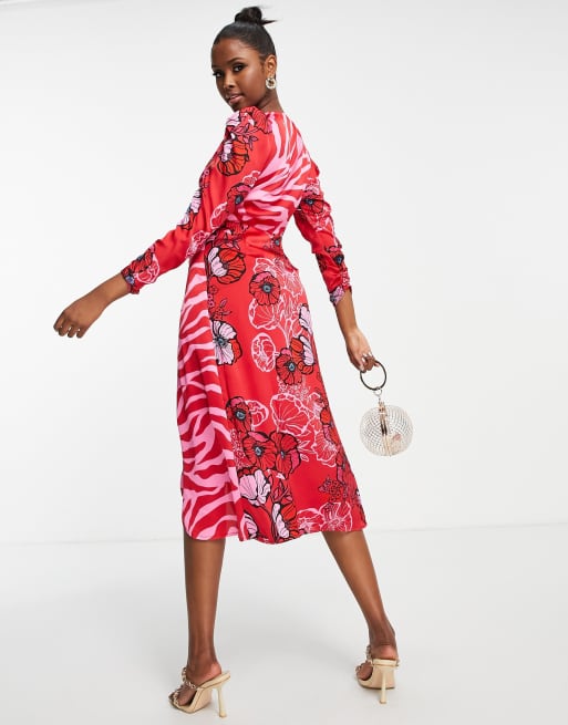 Mixed print wrap store dress