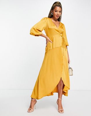 Liquorish midi wrap dress with balloon sleeves in mustard