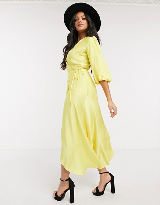 Liquorish midi wrap dress with balloon sleeves in yellow