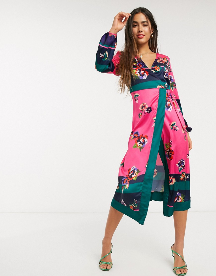 Liquorish midi wrap dress with ruched sleeve detail in bright mixed floral-Multi