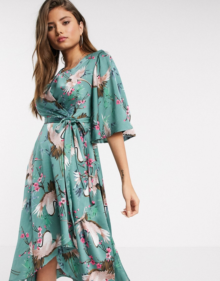 Liquorish midi wrap dress with waterfall sleeves in bird and floral print-Green