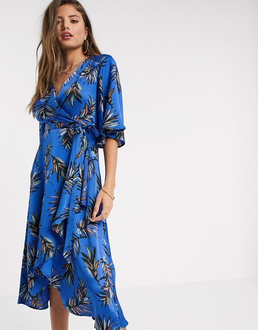 Liquorish midi wrap dress with waterfall sleeves in blue leaf print