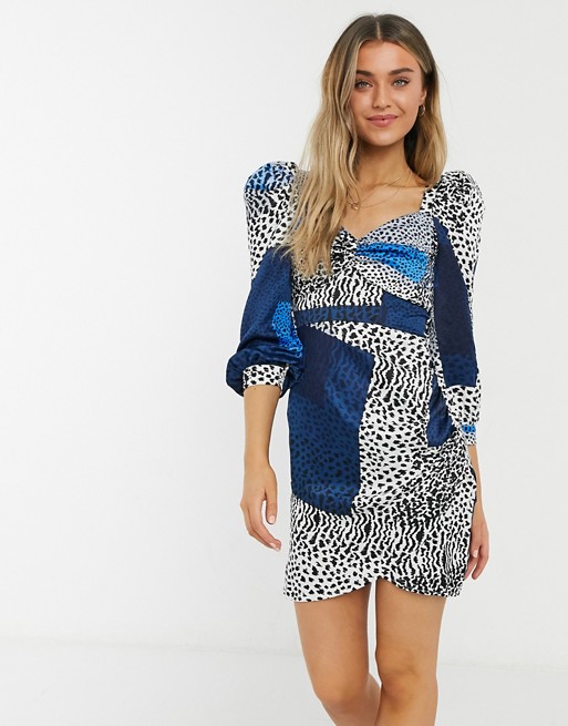 Liquorish milkmaid mini dress with ruched sleeves in blue square leopard print
