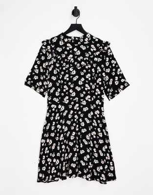 Liquorish Liquorish mini dress with frill details in black based floral-Multi