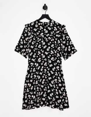 Liquorish mini dress with frill details in black based floral