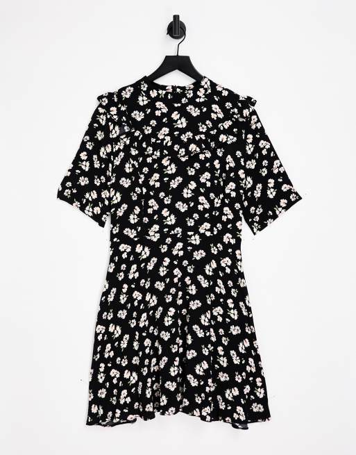 Liquorish mini dress with frill details in black based floral 