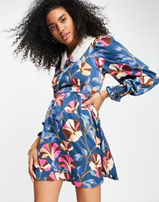 Liquorish mini dress with ruched yolk and collar in blue floral  - ASOS Price Checker