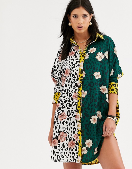 Liquorish mini shirt dress in floral and animal mixed print