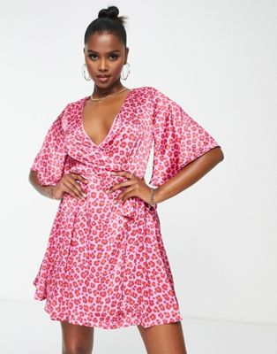 Liquorish mini wrap dress in pink animal print