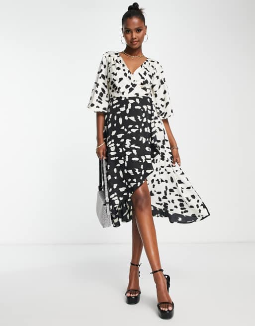 Liquorish monochrome print fake wrap dress with flared sleeves in black ...