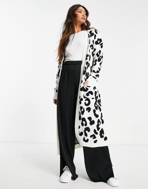 Liquorish - Monokrom maxi-cardigan med lommer og leopardmønster