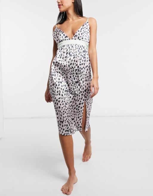 Liquorish nightdress in mono leopard with sage trim