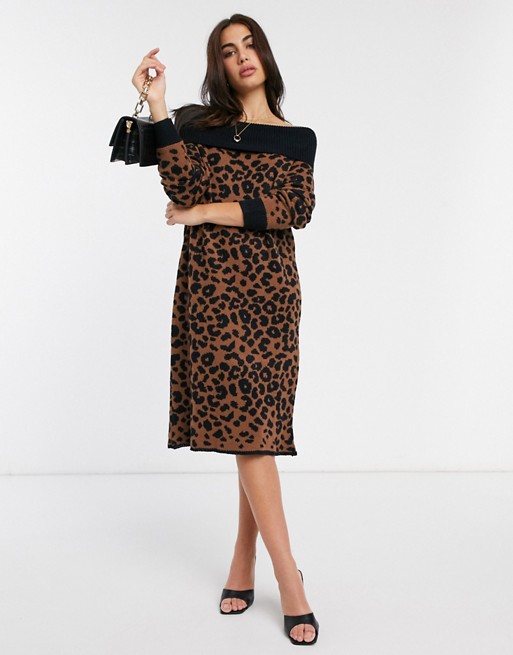 Liquorish off shoulder midi jumper dress in leopard print