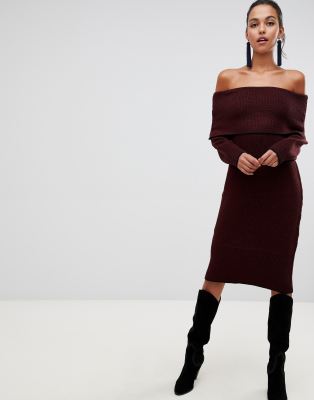 brown off the shoulder sweater dress