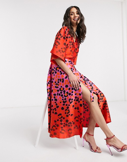 Liquorish ombre leopard print wrap midaxi dress in hot pink and red