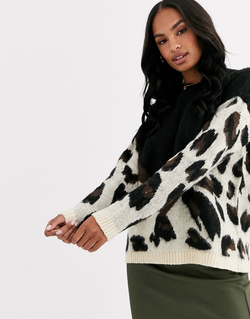 Liquorish oversized colour block leopard print jumper-Multi